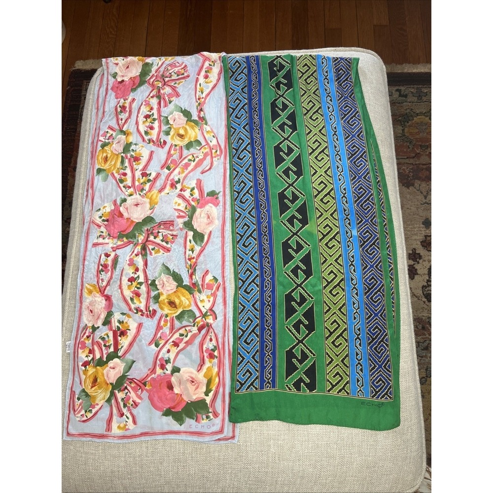 Lot of 2 ECHO Vintage 100% Silk Scarves Floral Roses Geometric Classic 54 x11